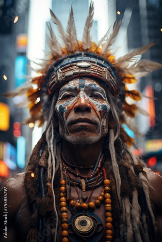 A man, identified as VetalVit, wears a colorful headdress adorned with feathers on his head. He appears to be leading a spiritual retreat, exuding a sense of authority and cultural significance © Vit