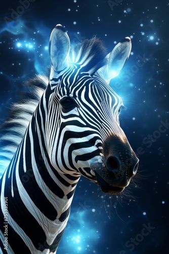 A close-up view of a zebra  showcasing its distinctive black and white stripes  set against a clear blue sky background. The zebra stands out prominently in the frame