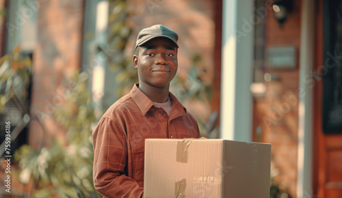Delivery courier in uniform delivers cardboard box to customer's doorstep. Perfect for e-commerce websites, shipping companies, or package delivery services. © Yana