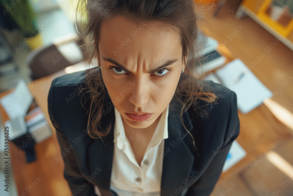Exhausted angry businesswoman, female in formal clothes looking into camera, funny wide angle photo. Burnout at workplace concept. Generative AI