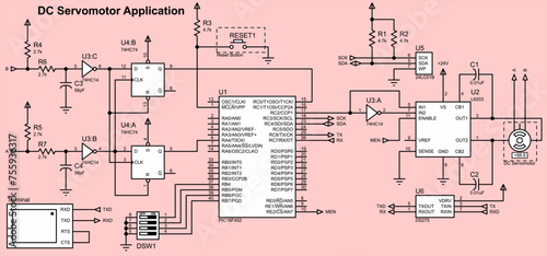 Vector electrical schematic diagram of an electronic 
device with a servo motor, external eeprom memory, 
trigger chips, logic gates. The circuit operates under 
the control of a microcontroller.