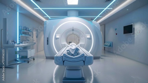 Modern MRI machine in a medical facility - The image captures a cutting-edge MRI scanner in a clean, well-lit medical facility suggestive of advanced healthcare technology