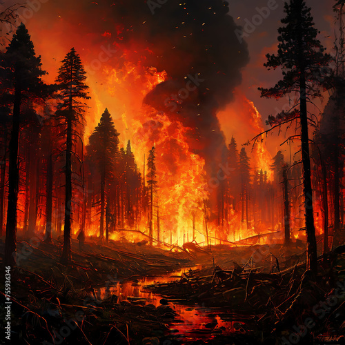 large burning forest of coniferous trees