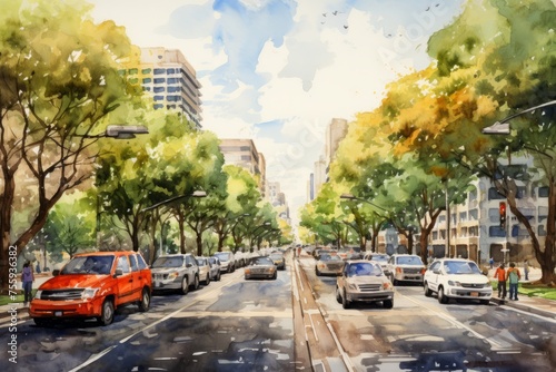 A dynamic painting capturing a busy city street filled with cars and pedestrians. Vehicles are in motion  people are walking along the sidewalks  and the scene is teeming with urban activity