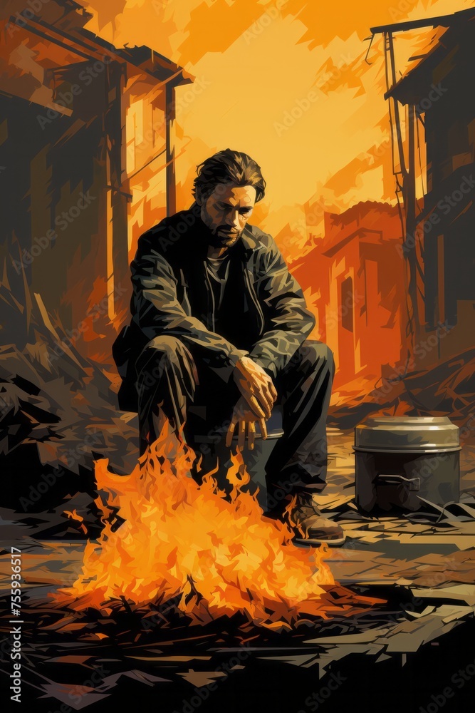 A painting depicting a homeless man sitting in front of a fire, warming himself. The man is dressed in tattered clothes, his gaze fixed on the flames as he seeks warmth