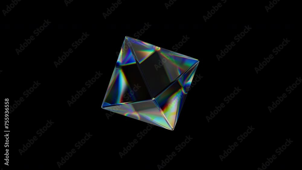 3d Transparent rotating glossy geometric object with dispersion effect. Rainbow colors reflection glass. 3d render animation loopable