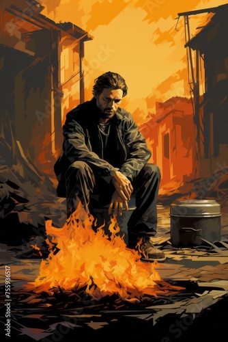 A painting depicting a homeless man sitting in front of a fire, warming himself. The man is dressed in tattered clothes, his gaze fixed on the flames as he seeks warmth