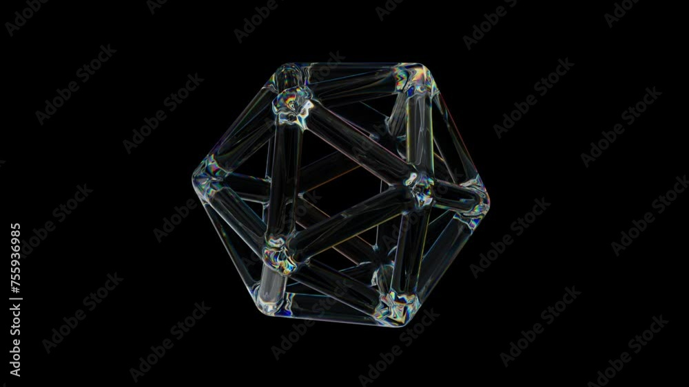3d Transparent rotating glossy wired object rings with dispersion effect. Rainbow colors reflection glass. 3d render animation loopable