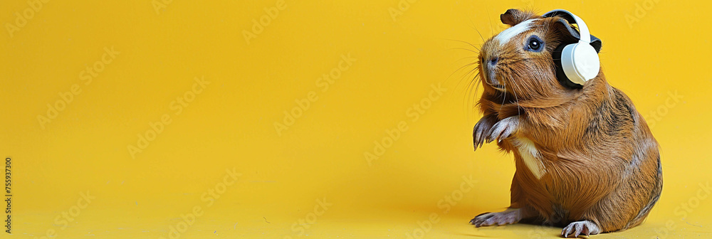 An adult brown guinea pig wearing white headphones and a microphone stands on its hind legs on a yellow background. Copy space left, banner, card. - obrazy, fototapety, plakaty 