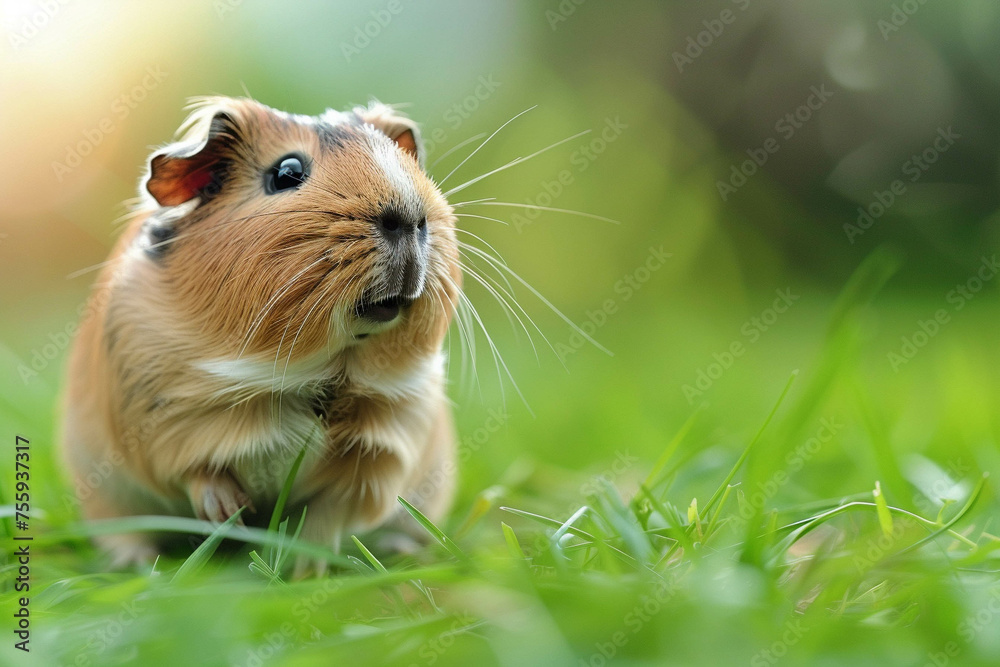 A guinea pig with white spots on its face stands on its hind legs in the grass during daylight hours. With copy space on the right. Banner, postcard. A guinea pig with white spots on its face stands on its hind legs in the grass during daylight hours. With copy space on the right. Banner, postcard.