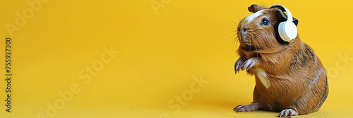 An adult brown guinea pig wearing white headphones and a microphone stands on its hind legs on a yellow background. Copy space left, banner, card. photo