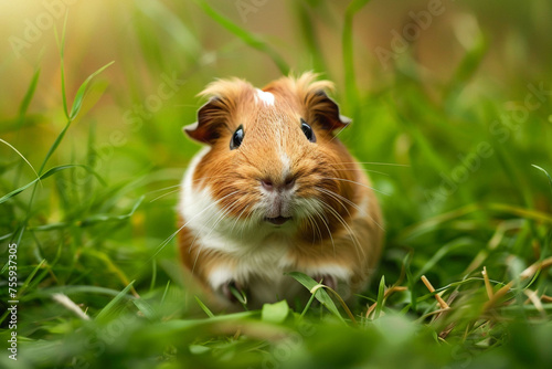 A cute  fluffy guinea pig with white spots on its face sits in the grass in the center during daylight hours. Banner  postcard.