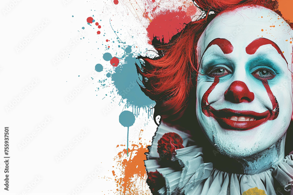 Male illustration of a smiling clown, colorful face, red curly wig, red clown nose and face paint on a white background. Close-up.