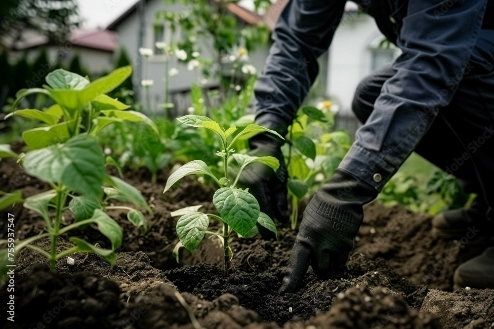 A gardener plants seedlings in open soil in a garden, with a garden and house in the background. the beginning of the summer season. A gardener plants seedlings in open soil in a garden, with a garden and house in the background. the beginning of the summer season.