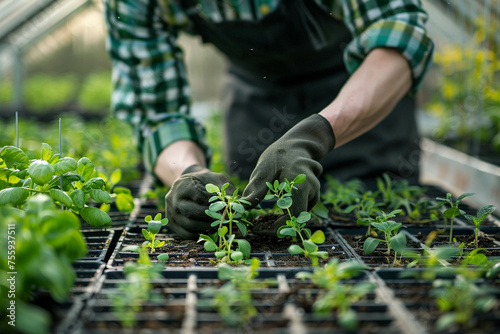 A male gardener in gloves and an apron takes care of seedlings in a greenhouse, close-up. Getting ready, the beginning of the summer season.