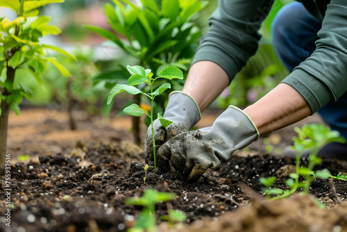 A gardener plants a small tree in open soil in a garden against a background of bushes. Cooking  the beginning of the summer season.