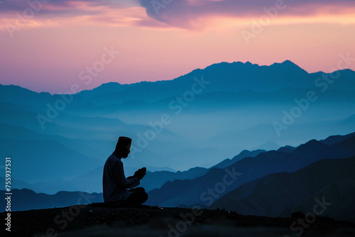 A Muslim man prays at dawn high in the mountains. Spirituality, religion. Holy month of Ramadan