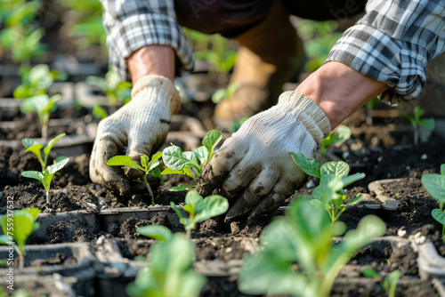 A gardener wearing gloves takes care of seedlings during the day, close-up. Getting ready, the beginning of the summer season.