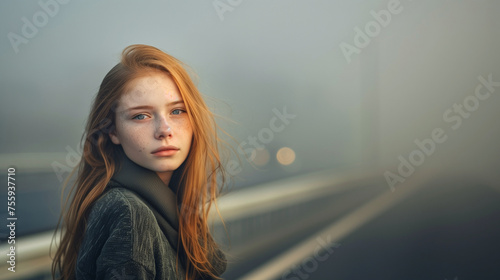 Red-Haired Young Woman Standing By Foggy Roadside During Twilight