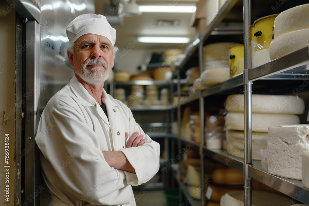 Mature cheesemaker with crossed arms in a cheese storage room.