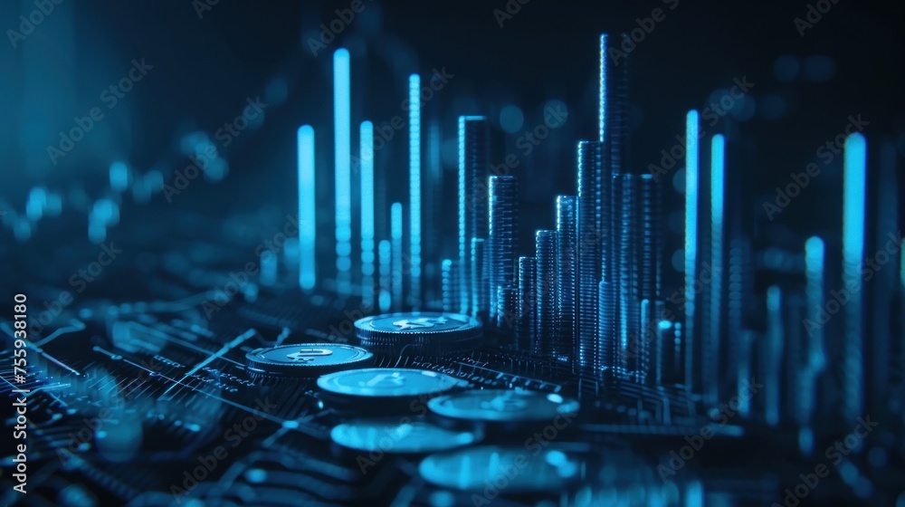 Glowing blue money coins with business diagram graph chart background. AI generated image Glowing blue money coins with business diagram graph chart background. AI generated image