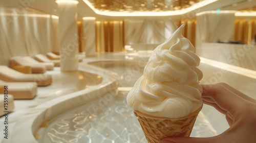 a hand is holding an ice cream cone in front of a white room with gold drapes and a chandelier. photo