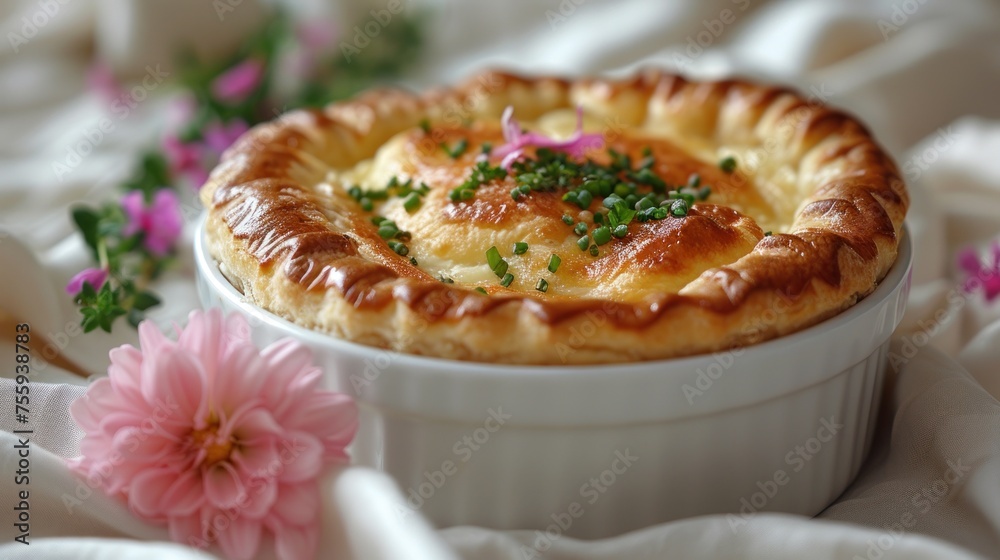 a close up of a pie in a white dish on a white table cloth with pink flowers in the background. a close up of a pie in a white dish on a white table cloth with pink flowers in the background.
