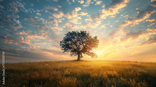 Serene empty landscape scene featuring a solitary tree under sunshine and clouds in a clear blue sky