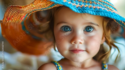 Innocence Adorned: Baby With Blue Eyes Dons a Sun Hat