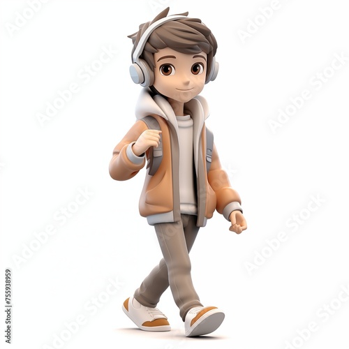 Young boy walking and listening to music in headphones. 3d male character full body isolated on white background. Music lover, teens hobby concept. .