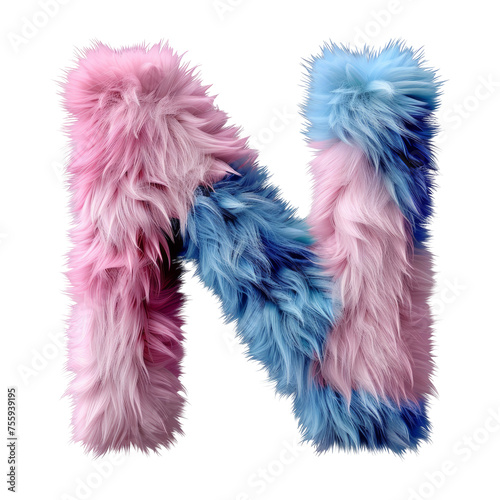 Letter N in Pink and Blue Fur Isolated on Transparent or White Background, PNG photo