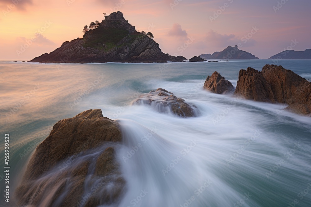 Seascape with rocks at sunset, background, horizontal