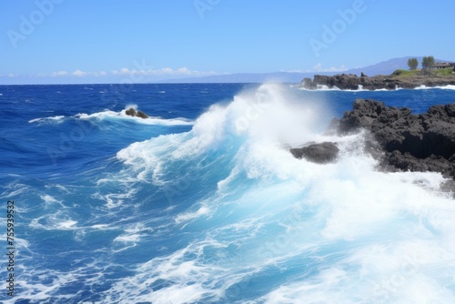 a breathtaking seascape on a sunny day , waves crash on the rocks