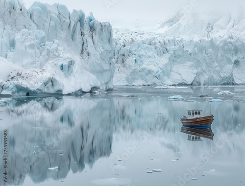 A serene and majestic scene unfolds as a boat floats on calm waters amidst towering icebergs, under a sky dotted with fluffy clouds, capturing the tranquil yet awe-inspiring beauty of nature.