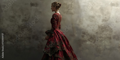 Victorian lady. Young woman portrait in eighteenth century image posing. elegant historical dress and hairstyle	