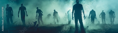 A group of zombies emerging from a foggy graveyard at midnight
