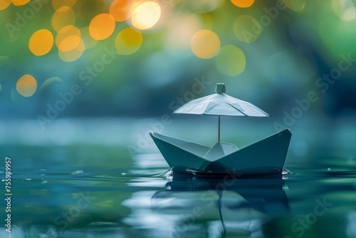 A delicate paper boat peacefully glides on calm waters, symbolizing a journey of simplicity and wonder. © AiHRG Design