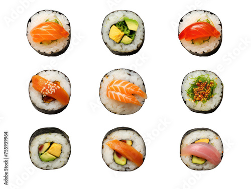 Collection set of sushi rolls isolated on transparent background, transparency image, removed background