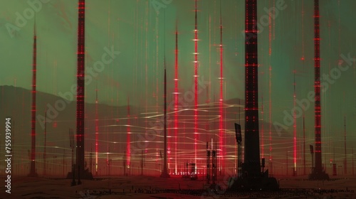 a group of tall poles with red lights on them in the middle of a desert with a mountain in the background. photo