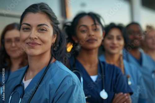 A diverse group of women healthcare workers in matching scrubs stand side by side, showcasing unity and teamwork.