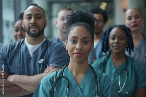 A diverse group of doctors in professional attire standing in a circle, sharing knowledge and support in a healthcare setting.