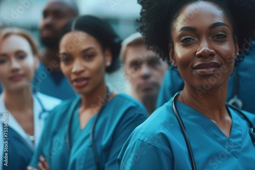 Diverse group of nurses, wearing matching scrubs, standing together in solidarity and unity, showcasing teamwork and dedication in healthcare.
