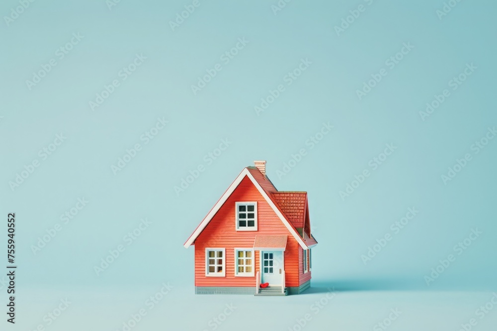 A small red house is perched on top of a blue surface, standing out against the serene backdrop. A small red house is perched on top of a blue surface, standing out against the serene backdrop.