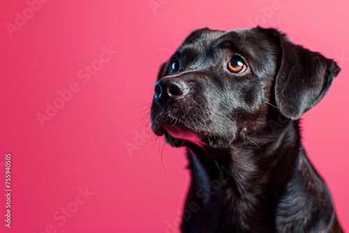 A charming black dog stands gracefully on a vibrant pink background, exuding charisma and charm.