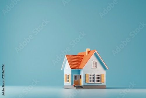 A quaint small house with a vibrant red roof stands out against a serene blue background.