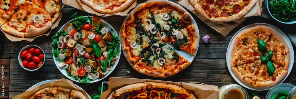 Assorted pizzas on a wooden table - A delightful display of various pizzas with different toppings, spread out on a rustic wooden table, invoking hunger and camaraderie Assorted pizzas on a wooden table - A delightful display of various pizzas with different toppings, spread out on a rustic wooden table, invoking hunger and camaraderie