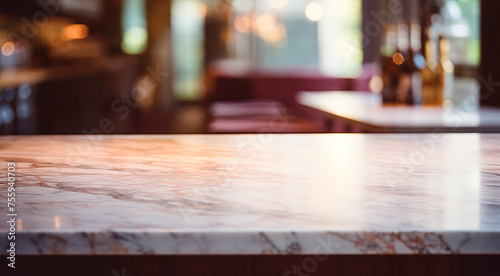 Empty marble table, blurred restaurant background with copy space © xamtiw