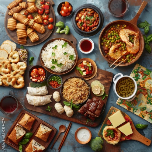 Assorted delicious international dishes on table - Top view of a feast with international delicacies showing diversity and the joy of sharing a meal with friends and family