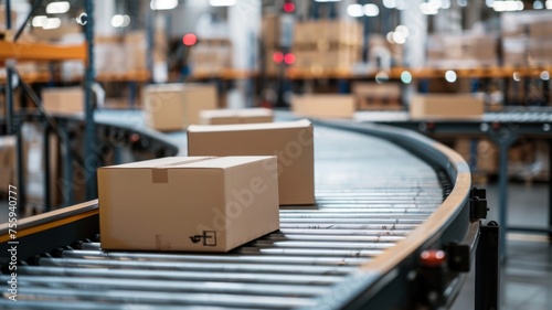 Boxes on a conveyor belt in a warehouse - Cardboard boxes traveling on a conveyor belt system in a modern distribution warehouse facility © Tida