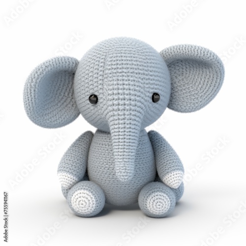 Knitted toy gray elephant isolated on white background. Cute crochet wool doll baby elephant.